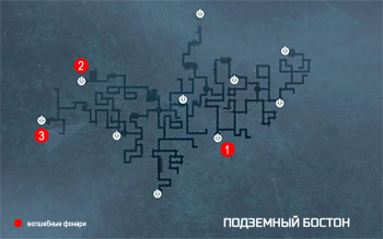 Карта подземелий с точками быстрого перемещения в Бостоне в Assassin's Creed 3