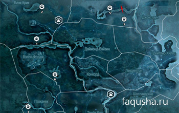 Карта с местоположением уникальных животных из заданий общества трапперов в Assassin's Creed 3