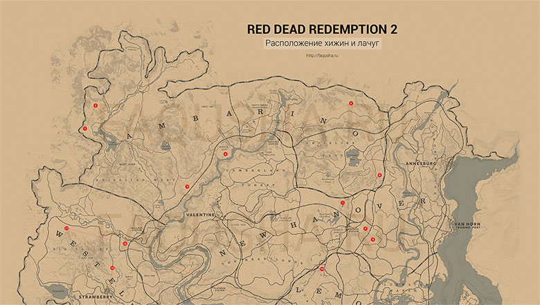 Карта с расположением всех хижин в Red Dead Redemption 2