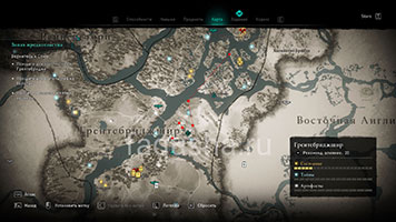 Карта с расположением Лива, Бирны, Галинна и доказательств в задании Запах предательства в Assassin's Creed Valhalla