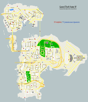 Карта Брокера, Бохана и Дюкса с метками, где искать голубей в Grand Theft Auto IV (GTA4)